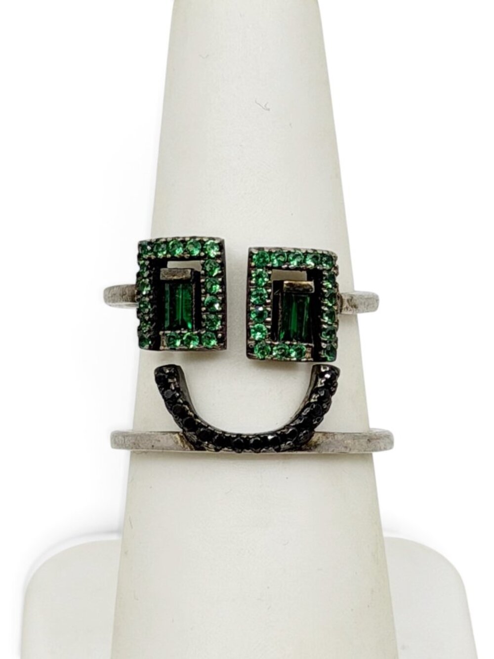 sterling silver green cubic zirconia happy face ring GM4